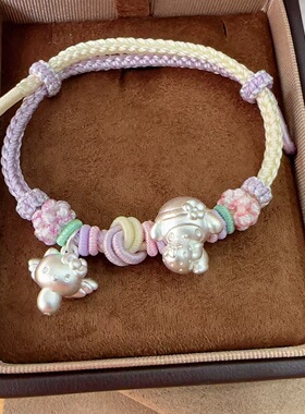 足银999 天使KT猫 库洛米 美乐蒂布丁狗手工儿童编织桃花手链