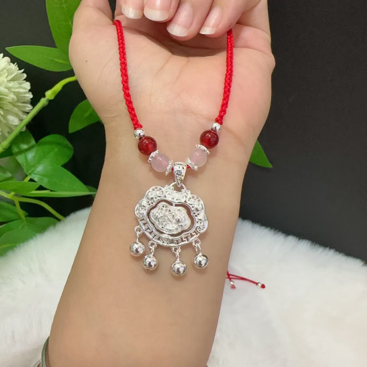 足银999纯银灵动莲花吊坠手工编织银项链平安锁女新中式银锁礼物