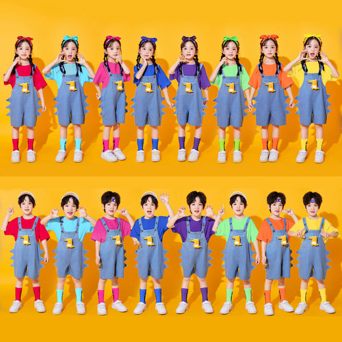 六一幼儿园表演服装牛仔背带裤团体舞蹈儿童啦啦队演出服小学生