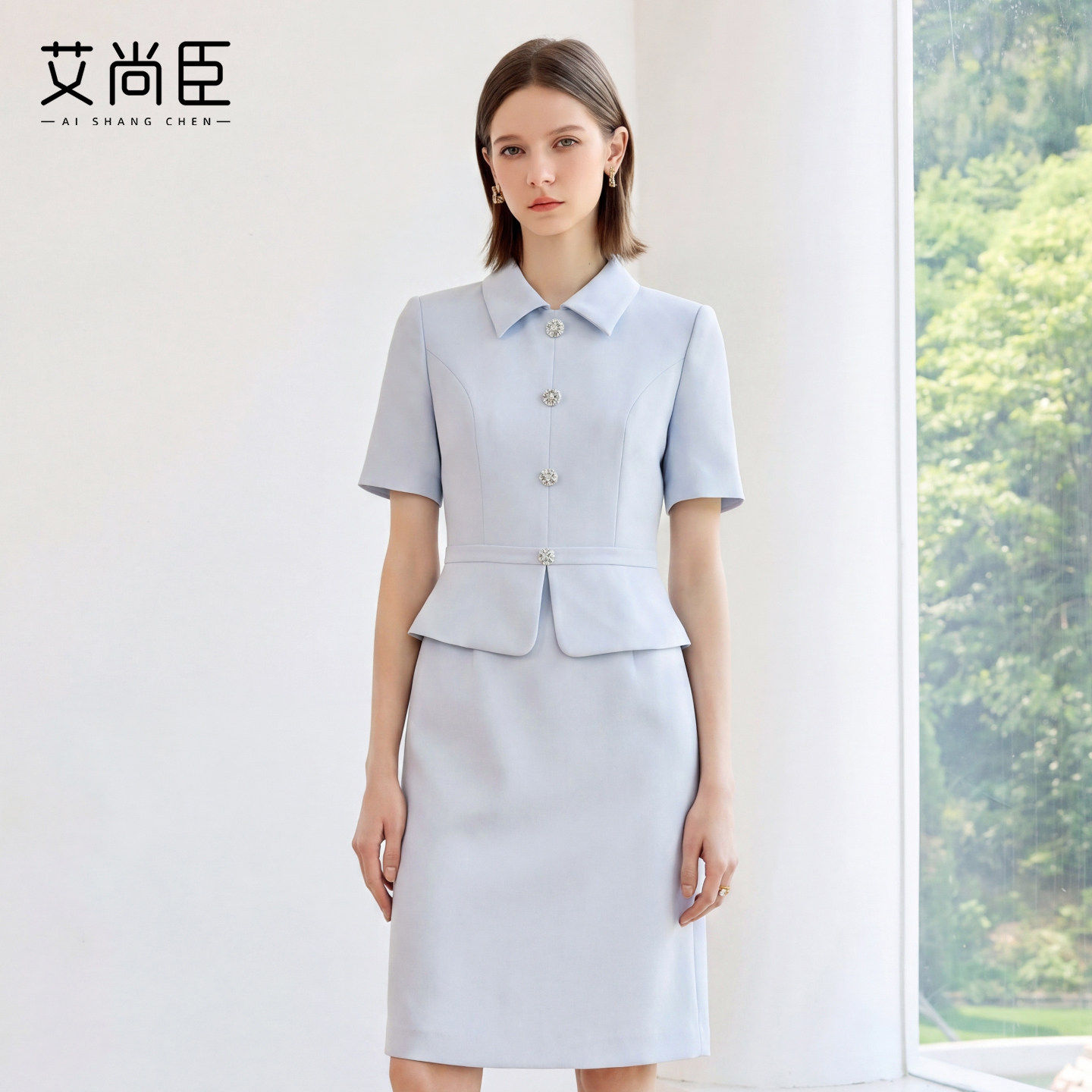艾尚臣商务风浅蓝色连衣裙女士短袖翻领职场气质高级感干练连衣裙