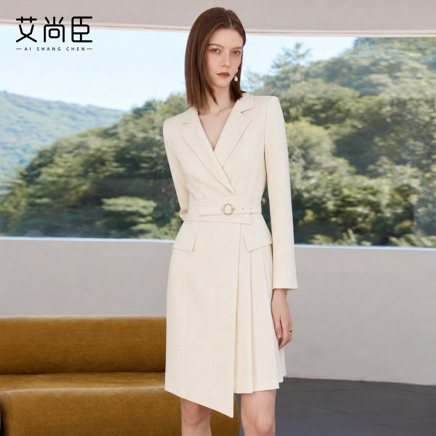 艾尚臣轻熟优雅风小个子西装连衣裙女收腰百褶中长裙知性得体裙装