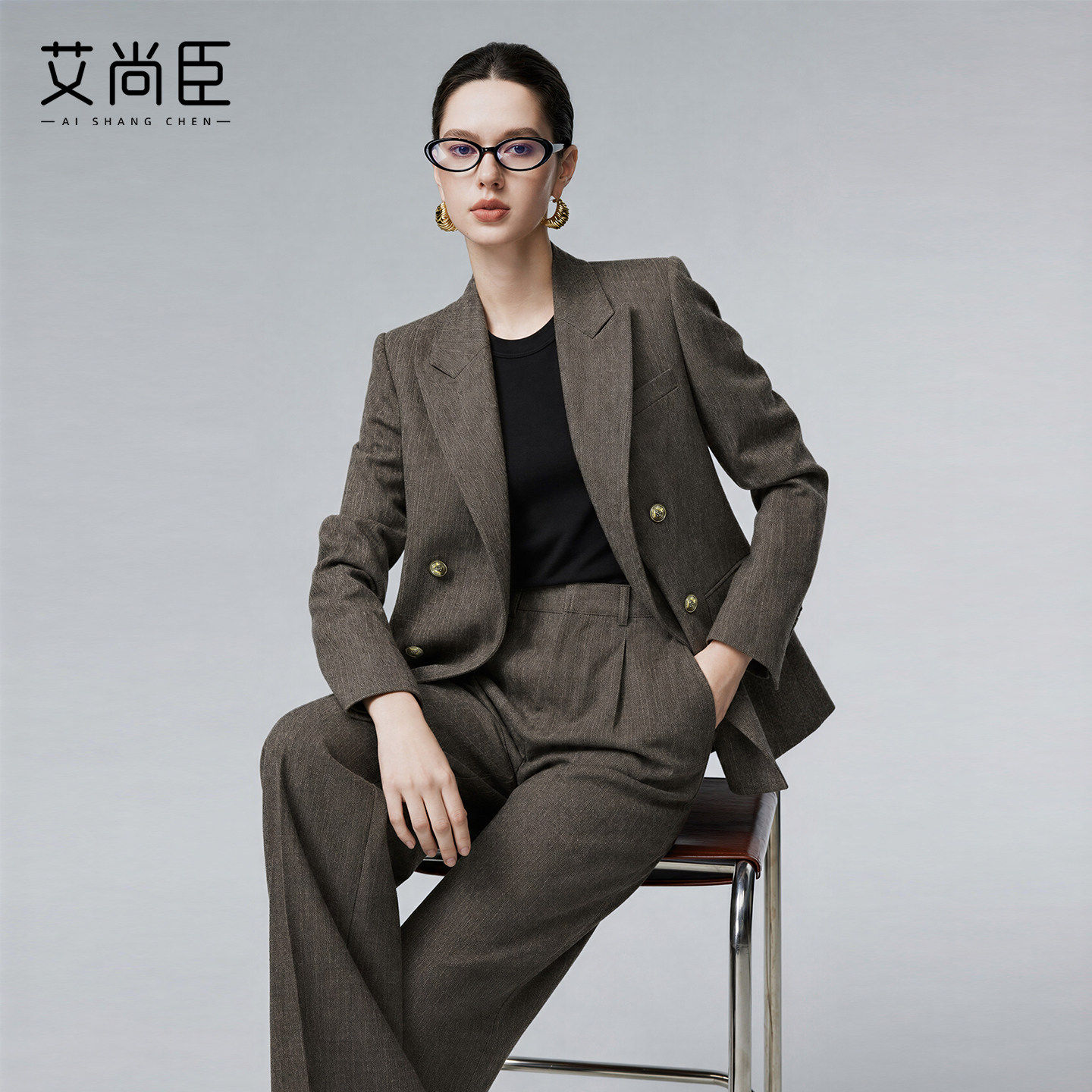 艾尚臣老钱风双排扣羊毛西装套装女秋冬季职场通勤高智感干练套装