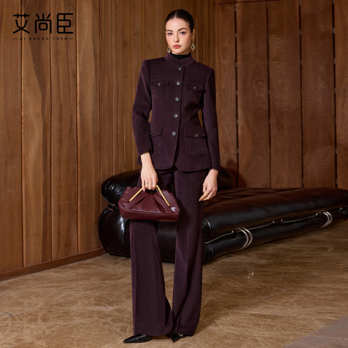 艾尚臣老钱风立领西装套装女冬季收腰职业装通勤西服两件套高级感