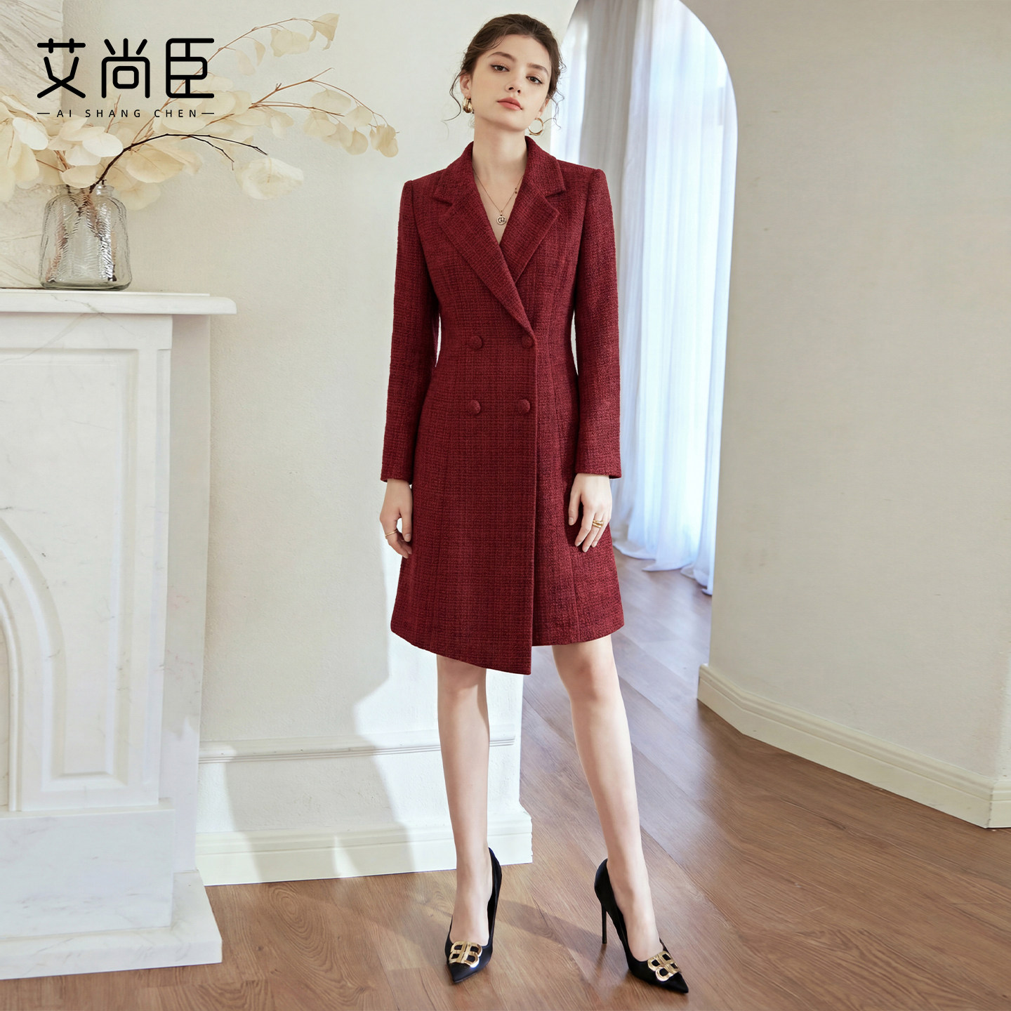 艾尚臣妈妈婚宴装毛呢西装领连衣裙女双排扣收腰显瘦喜婆婆礼服厚
