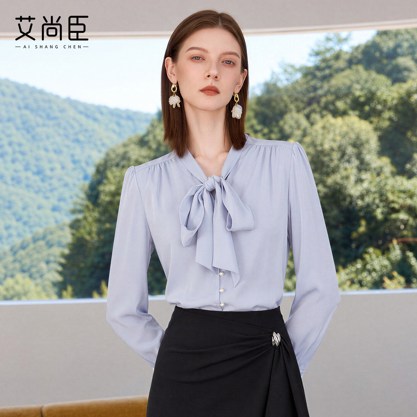 艾尚臣法式蝴蝶结飘带衬衫女长袖蓝色V领系带设计感通勤职场女装
