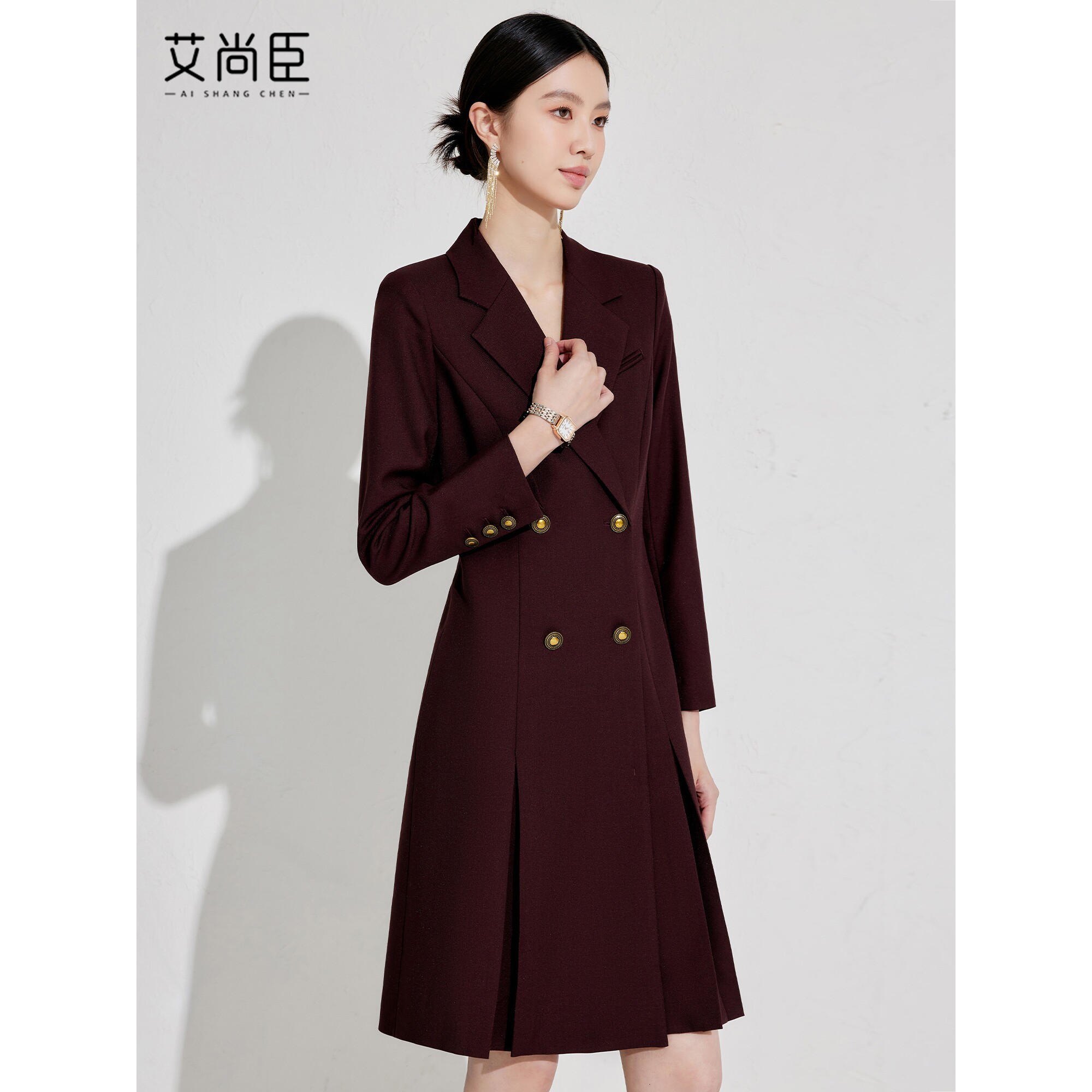 安可拉红连衣裙女2025冬新款双排扣中长裙子时尚通勤大女主西装裙