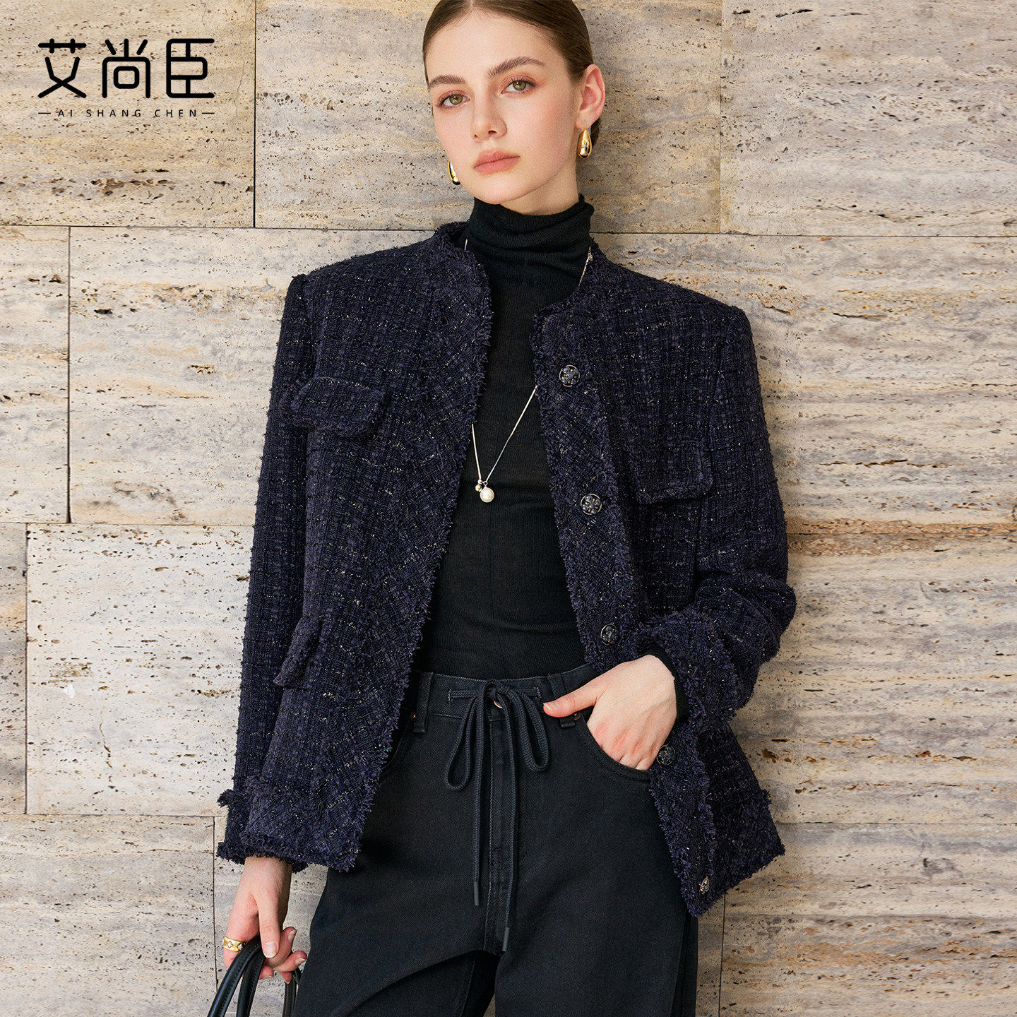 艾尚臣小香风粗花呢短外套女圆领纽扣时尚气质百搭夹克设计感外套