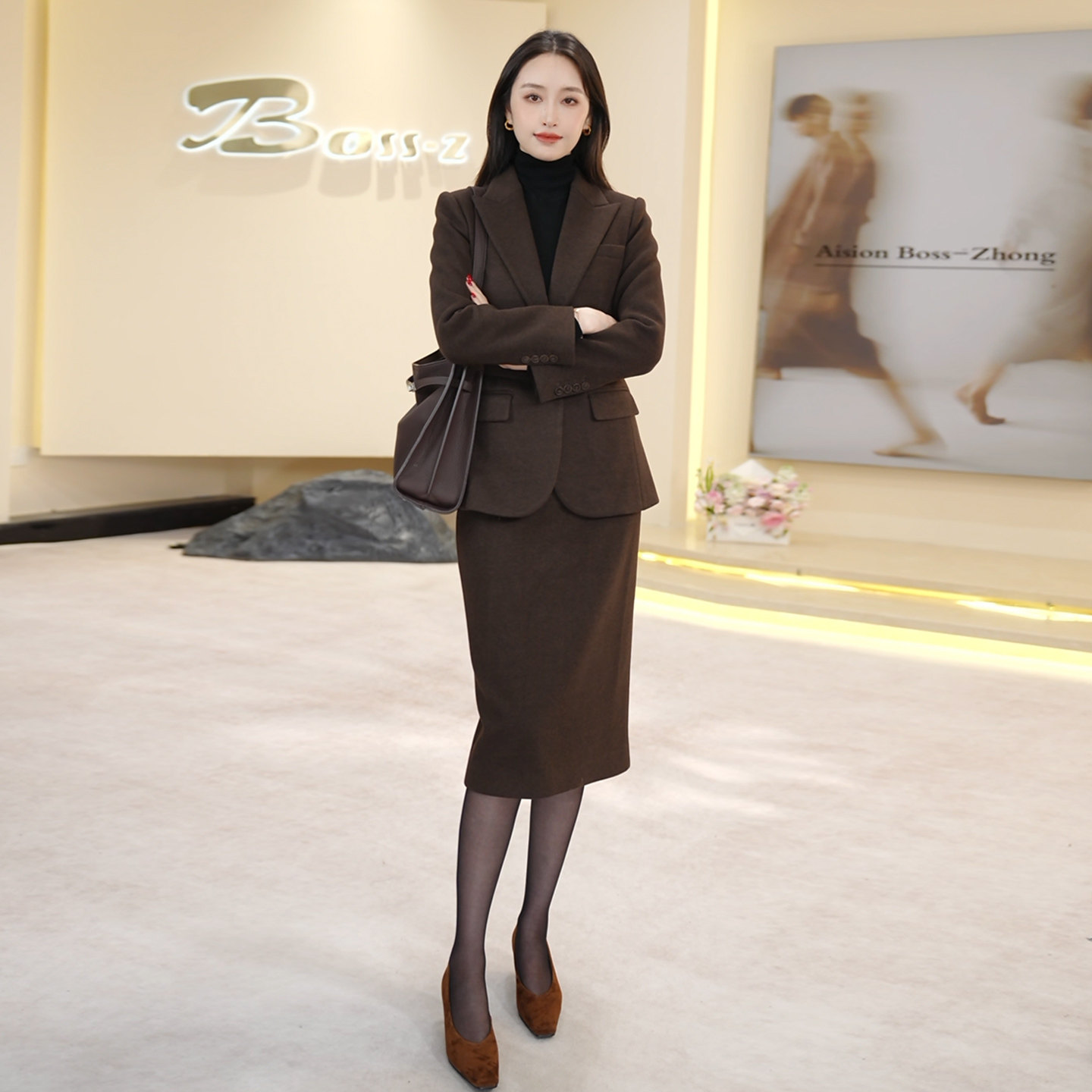 钟老板 2026秋冬新款高级感人字纹毛呢一粒扣通勤西装半身裙套装