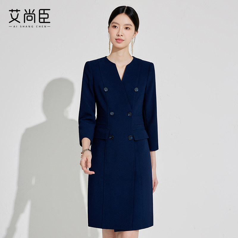 艾尚臣藏青色通勤连衣裙女气质优雅中长款时髦设计职业西装裙