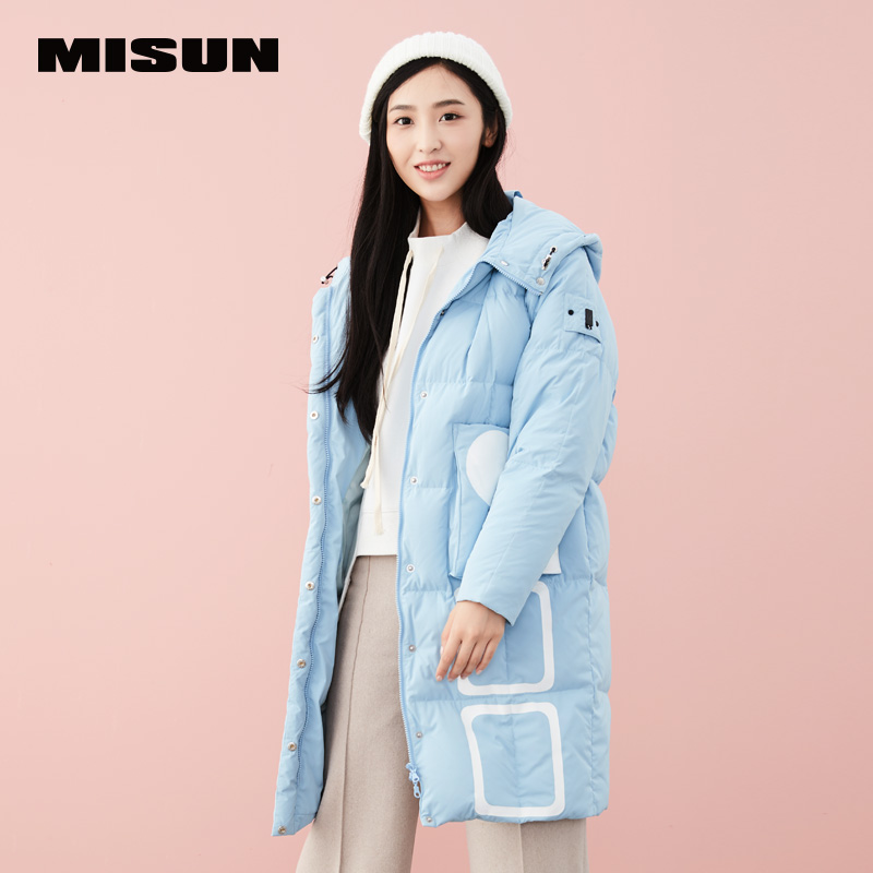 米尚女士加厚修身过膝连帽羽绒服