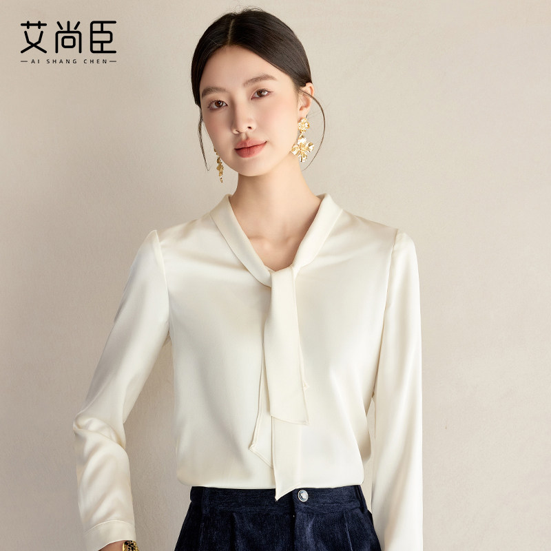 艾尚臣通勤杏色衬衣设计感小众法式小衫飘带衬衫女长袖面试上衣春