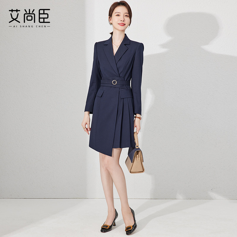 艾尚臣藏青色连衣裙女士春夏高级感2026新款气质职业正装西装裙