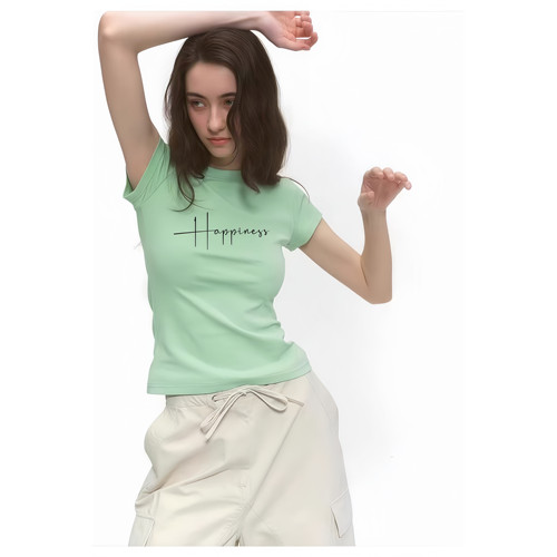 美式街头正肩T恤女夏季英文印花修身半袖辣妹收腰上衣设计感