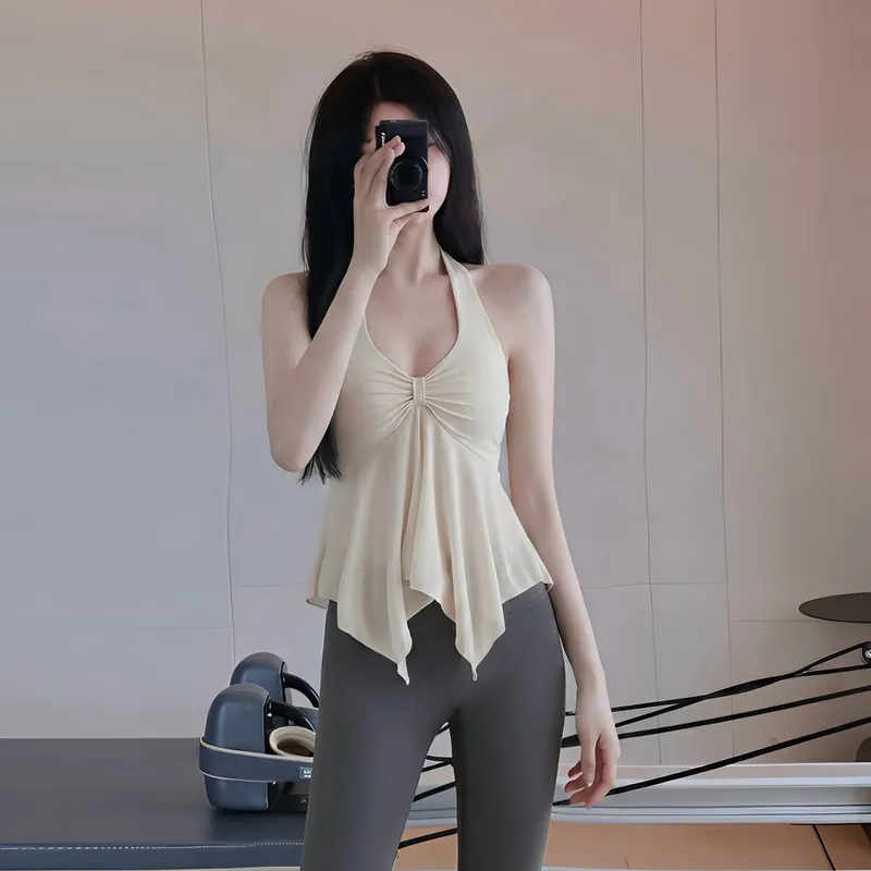 花边瑜伽服绝美普拉提上衣宽松遮肉运动背心带胸垫健身服上衣女图片