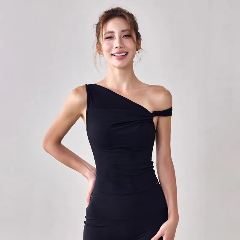 瑜伽服固定杯无袖健身普拉提训练衣修身显瘦动跑步背心女单间斜领