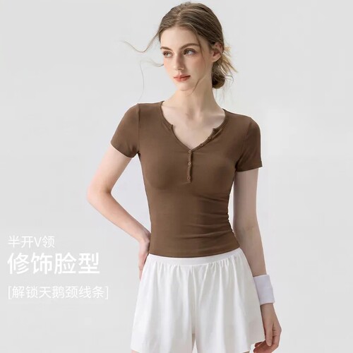 瑜伽服女夏季新款瑜伽短袖T恤纽扣修身跑步普拉提训练运动上衣