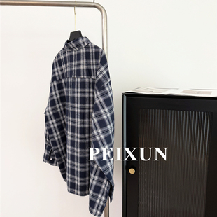 宽大版型磨毛格子衬衫港风复古衬衫女秋季内搭叠穿格纹衬衣外套