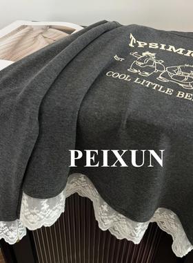 减龄韩版百搭显瘦拼接蕾丝字母印花圆领磨毛打底衫长袖T恤