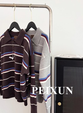 实拍 软糯亲肤条纹领口排扣毛衣韩国圆领宽松套头polo领上衣女