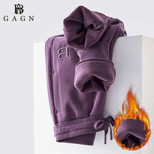 GAGN新款上市2025冬季高腰加绒保暖紫色裤子女士简约宽松百搭卫裤