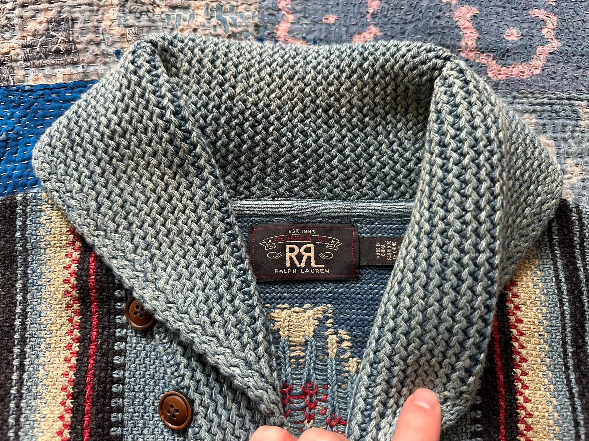 RRL Light Blue Striped Cardigan — detail