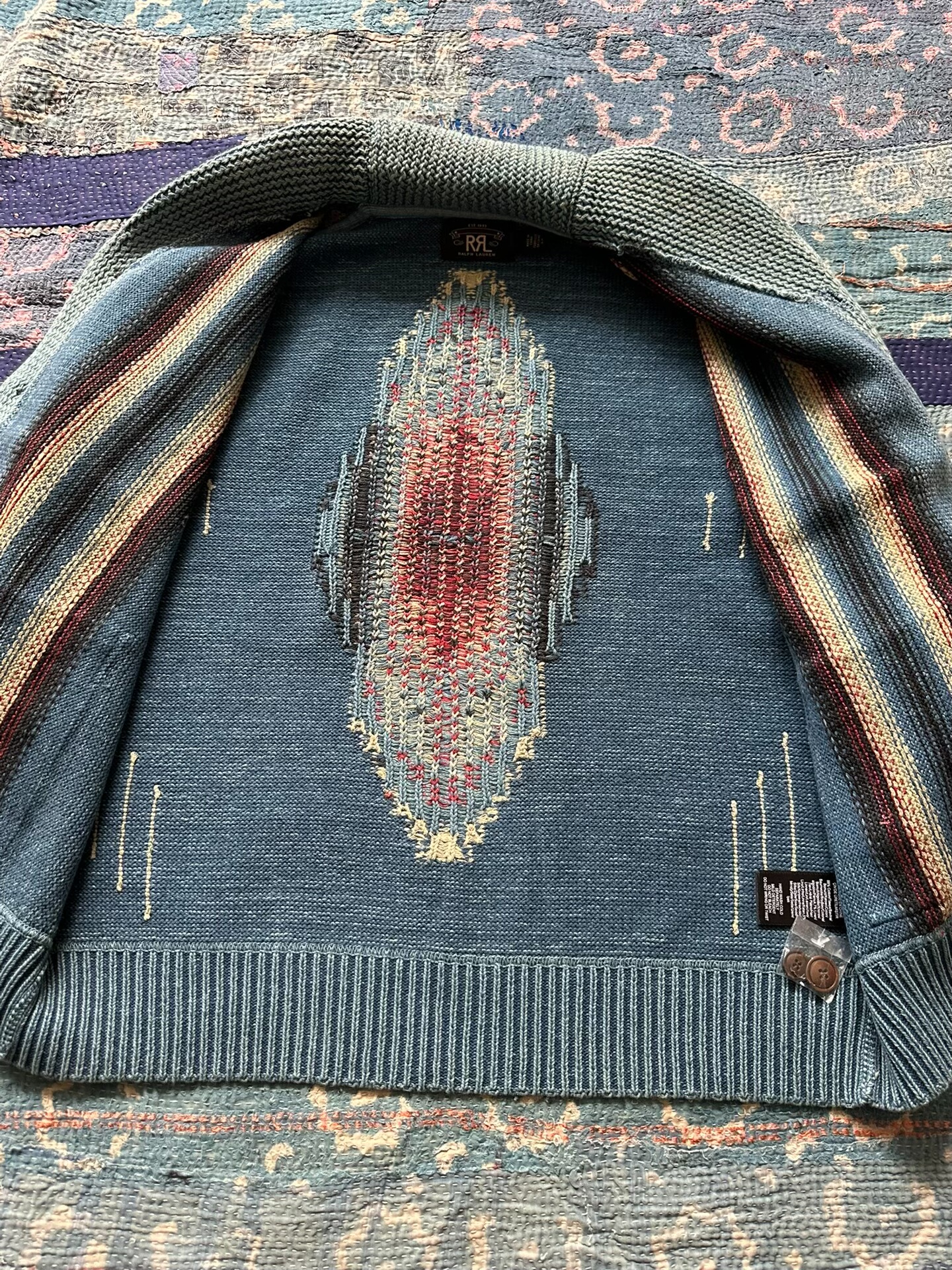RRL Light Blue Striped Cardigan — label