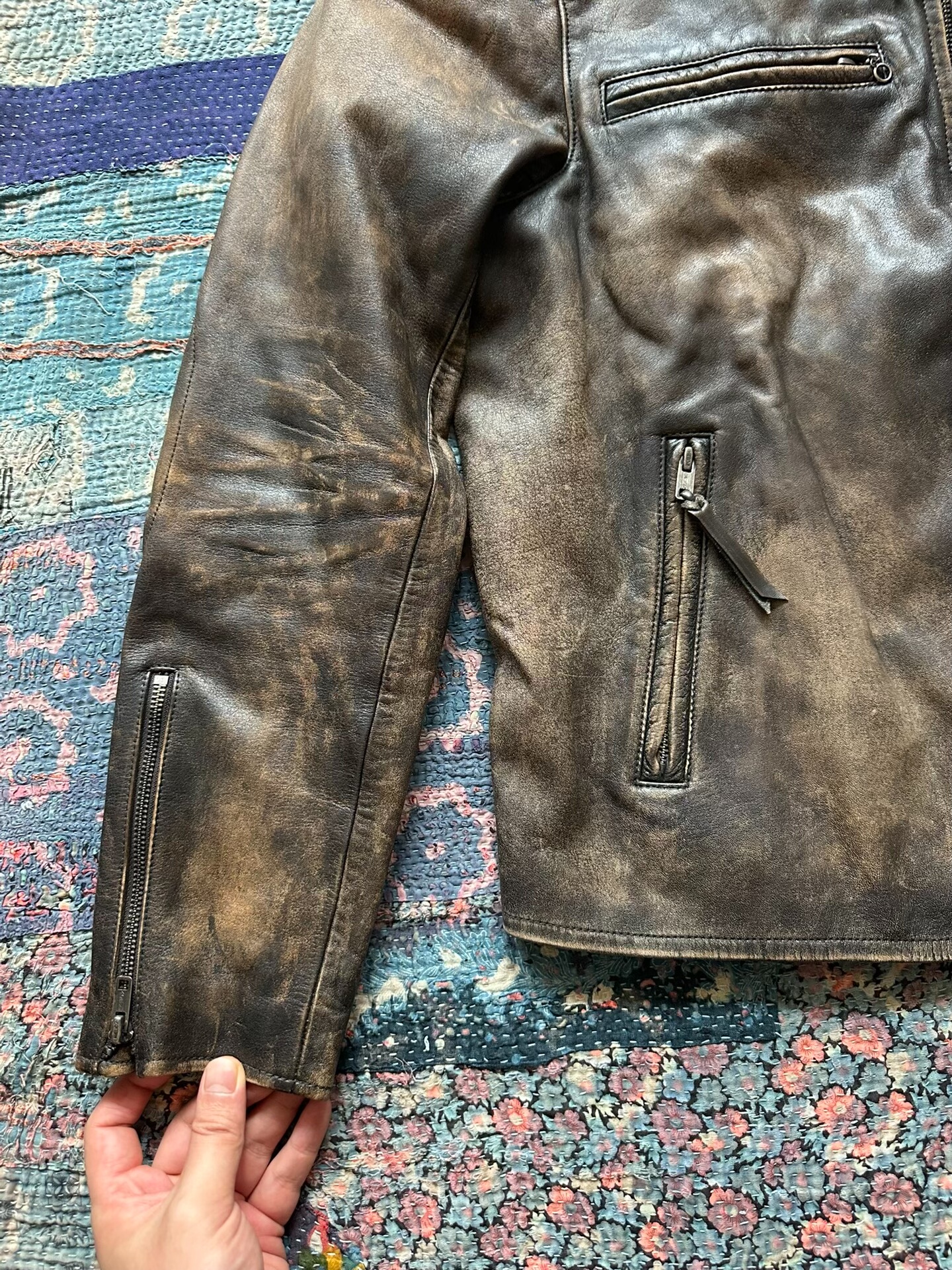 Polo Ralph Lauren Brown Distressed Leather Moto Jacket — detail