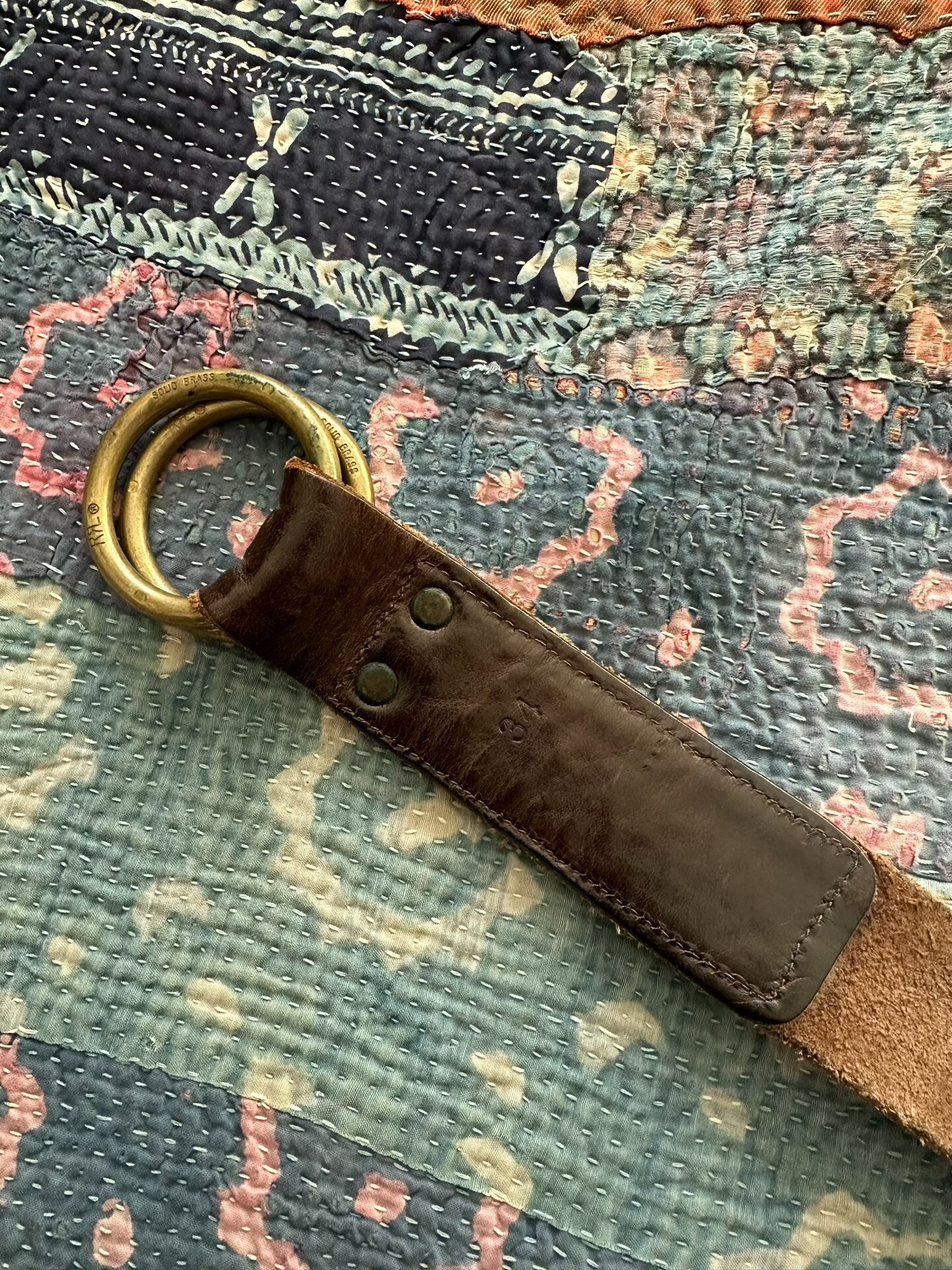 RRL Italian Brown Leather Double Ring Belt — detail