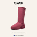 AUMU2025冬安可拉红雪地靴女皮毛一体时尚高筒两穿加绒加厚长筒靴