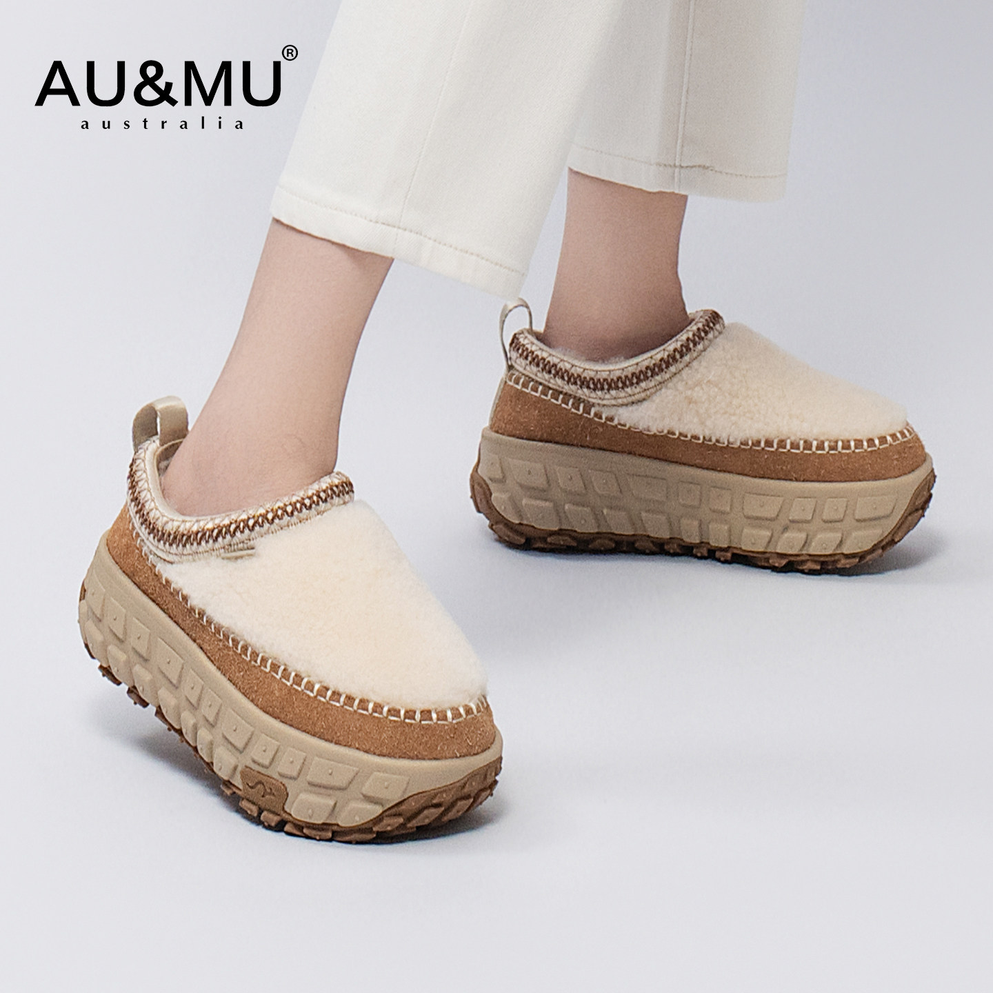 AUMU厚底轮胎雪地靴女皮毛一体浅口溢毛增高一脚蹬东北棉鞋女加绒