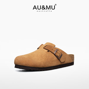 AUMU2024夏季新款复古勃肯鞋女软木底真牛皮单鞋钓鱼包头半拖鞋男