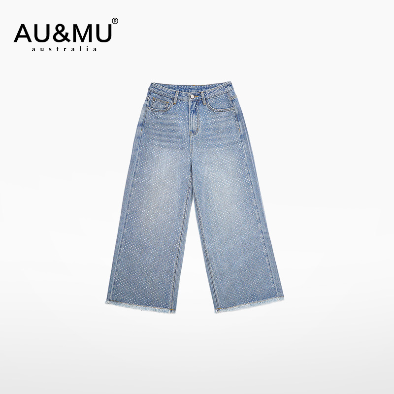 AUMU2025夏季新款中腰水钻牛仔裤女百搭时尚显瘦宽松阔腿九分裤女