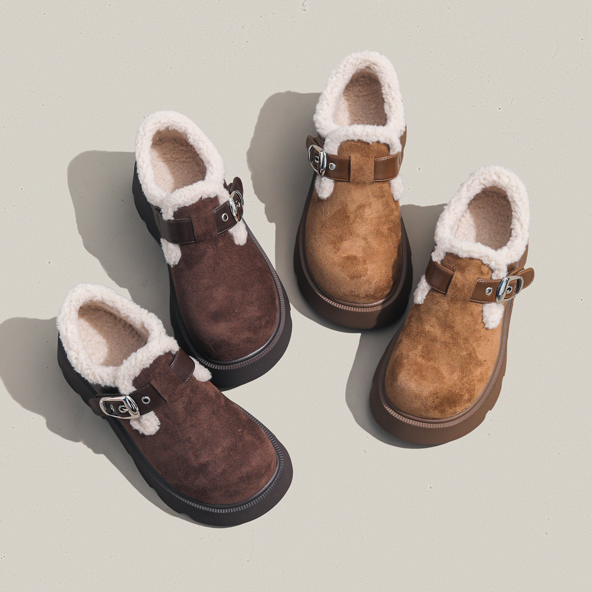 周周推荐~2025冬季新款厚底洋气加绒勃肯鞋女一脚蹬真皮毛毛棉鞋