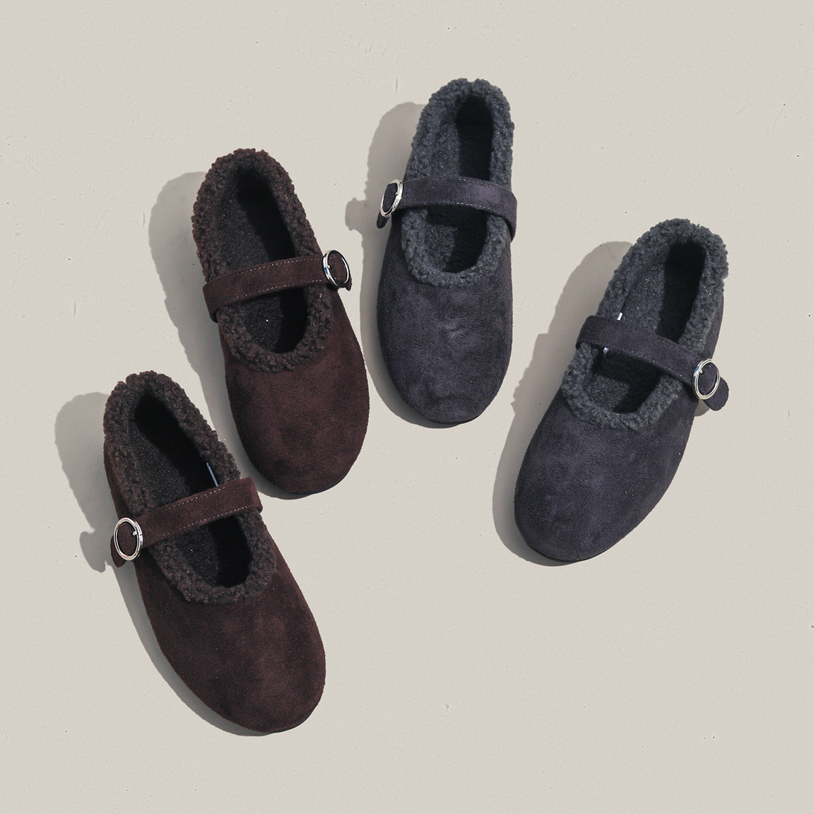 周周推荐~2025新款加绒玛丽珍勃肯鞋女平底一字带扣法式保暖棉鞋