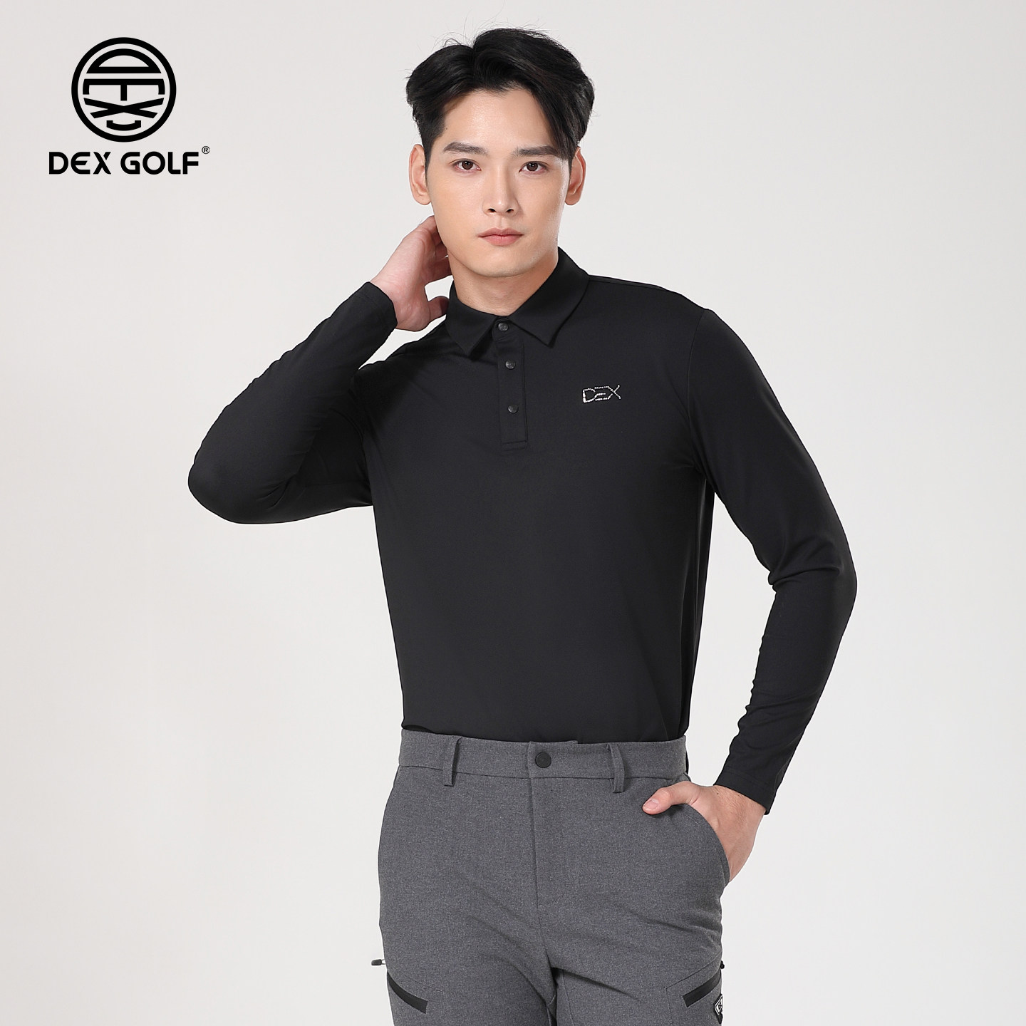 DEXGOLF韩国高尔夫服装男士冬款特色logo烫钻长袖修身保暖打底衫