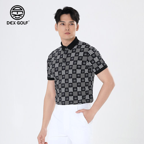 DEXGOLF韩国高尔夫服装男士夏季时尚棋盘格POLO短袖舒适休闲上衣
