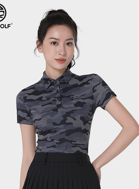 DEXGOLF韩国高尔夫服装女士夏季迷彩POLO衫短袖T恤柔软运动上衣
