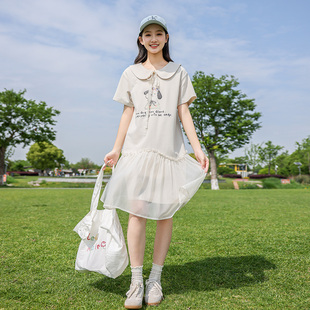 2025新款 初中生夏装 大童网纱连衣裙高中学生少女甜美娃娃领中长裙