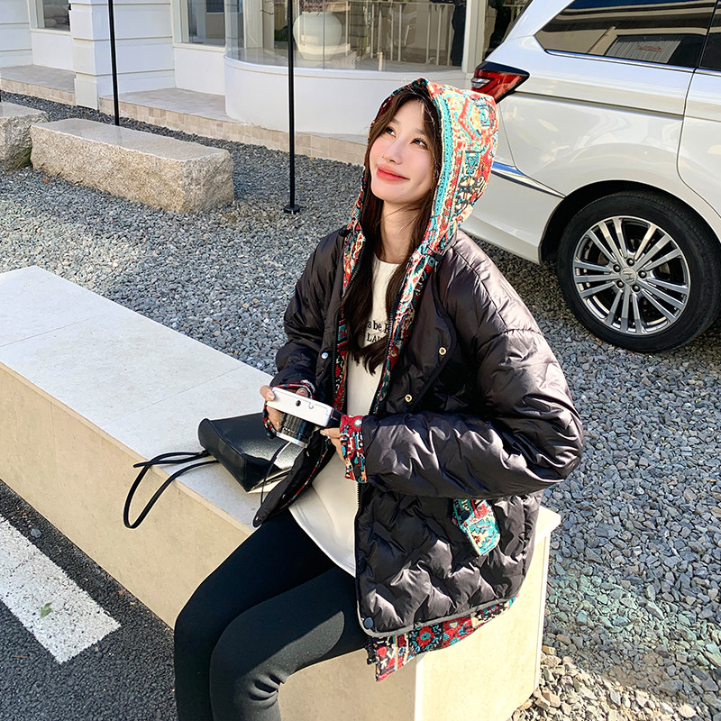 民族风撞色假两件连帽羽绒服女2025冬季新款设计感短款白鸭绒外套,女装羽绒服,2C186