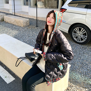 民族风撞色假两件连帽羽绒服女2025冬季新款设计感短款白鸭绒外套图片