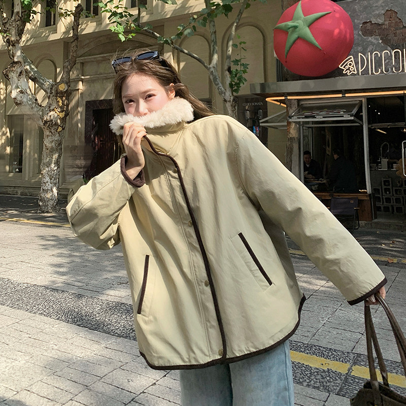 新品！卡其色羊羔毛拼接90白鸭绒派克羽绒服-86129-P285-K428,女装羽绒服,2C186