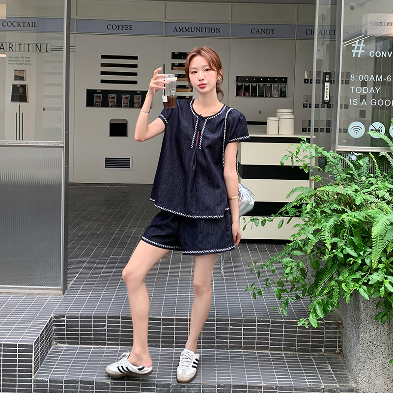新品！刺绣牛仔上衣短裤两件套8680-P155-K238,女装套装/套裙,2C186