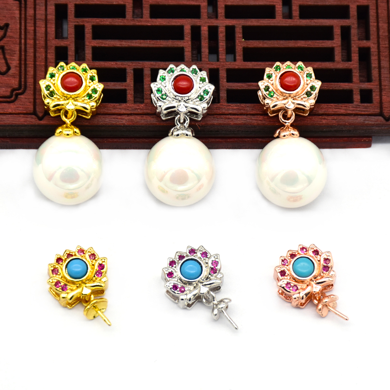 DIY饰品配件珍珠蜜蜡琥珀半孔圆珠空托珠盘男女银扣莲花吊坠扣头