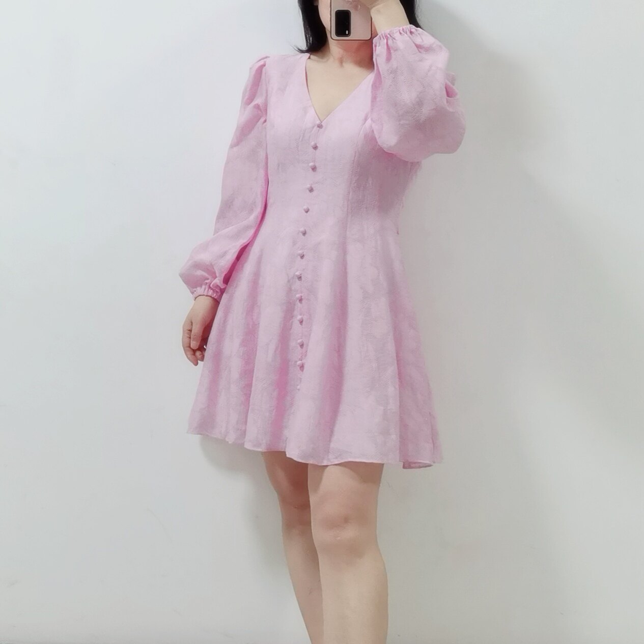 出口澳洲外贸原单女春夏新款粉色长袖连衣裙v领高腰少女感短裙