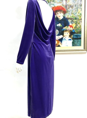 外贸出口美国丝绒长䄂连衣裙原单翦标优雅气质弹力紫色修身礼服裙