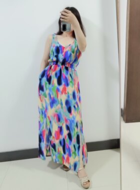 出口美国原单剪标夏季新款真丝连衣裙桑蚕丝背心裙弹力高腰长裙