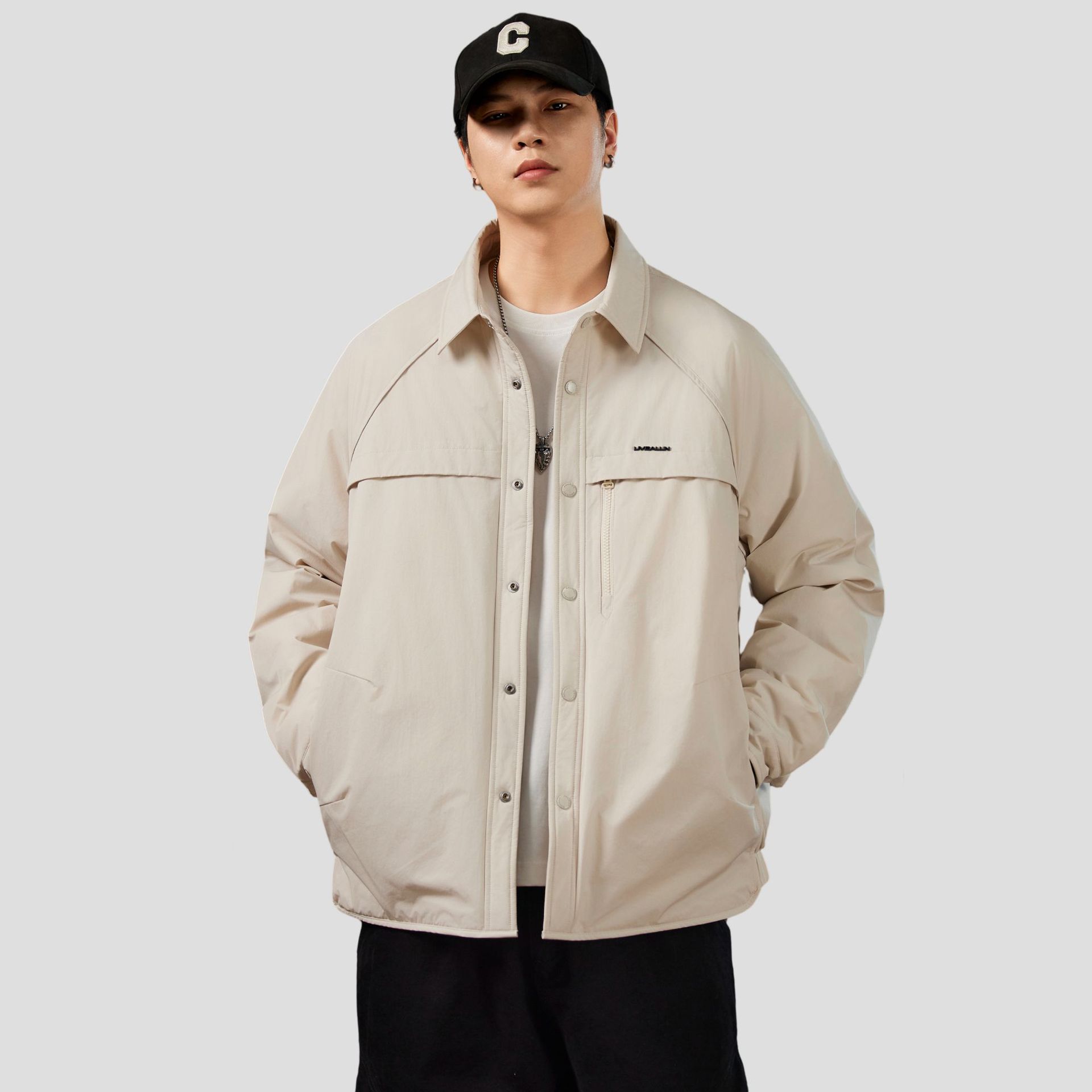 男装#美式复古工装米白色休闲夹克羽绒服多口袋拼接外套男士