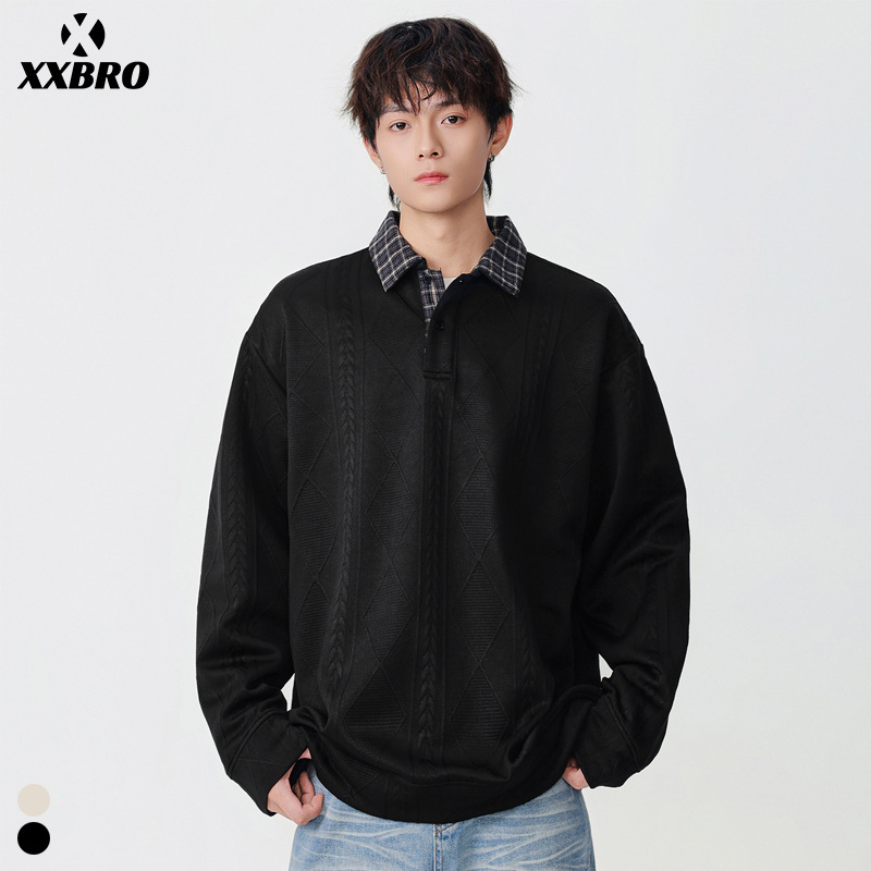 xxbro男装#早秋潮牌肌理感polo衫青少年针织休闲上衣拼接卫衣男士