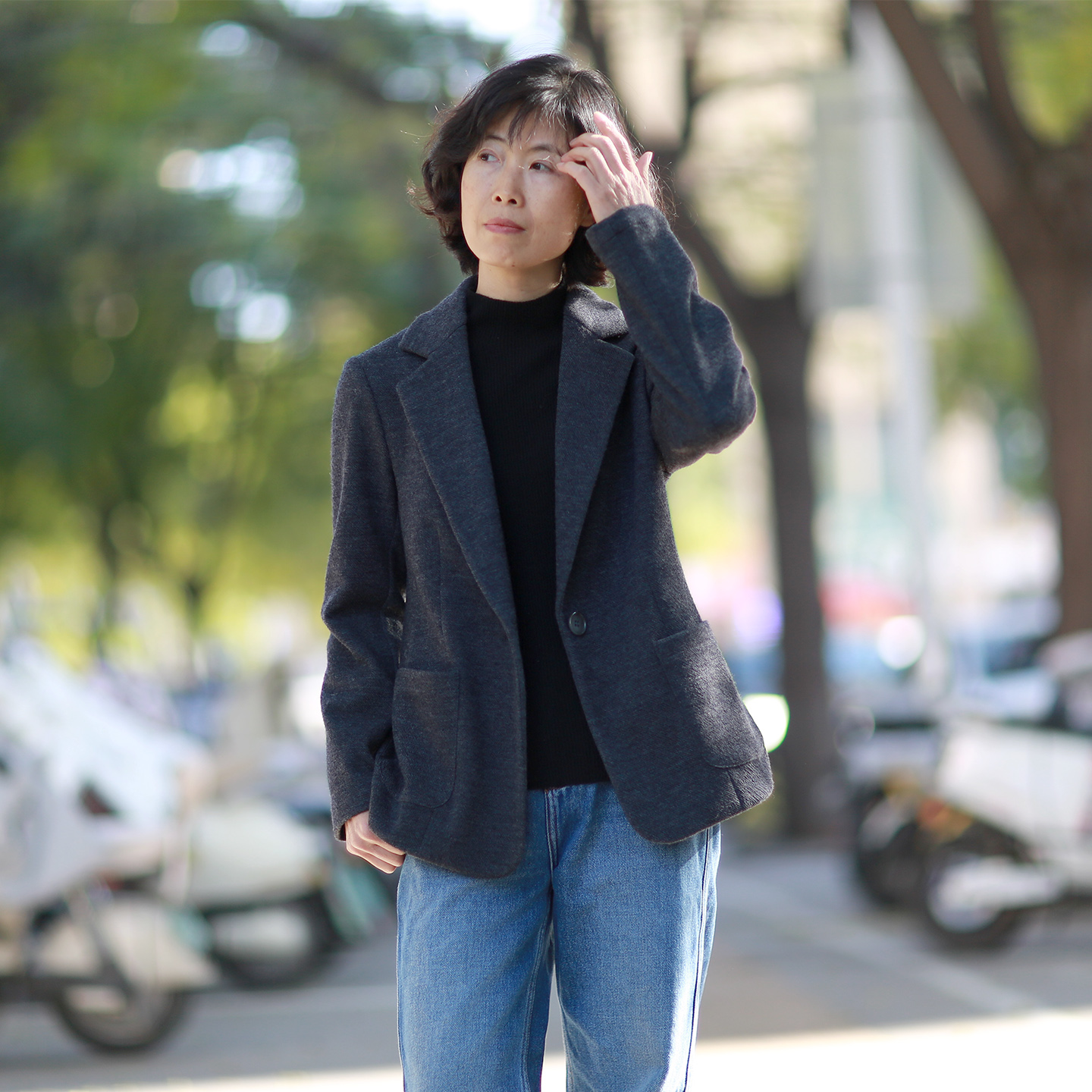 深灰色抗皱秋冬西装外套女无垫肩厚羊毛针织弹力休闲修身通勤西服