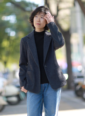 深灰色抗皱羊毛正肩西装外套女无垫肩针织弹力休闲修身通勤西服